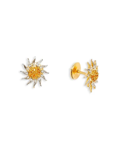 18K Yellow Gold Paire de Mini Puces Soleil Citrine & Gray Diamond Sun Stud Earrings