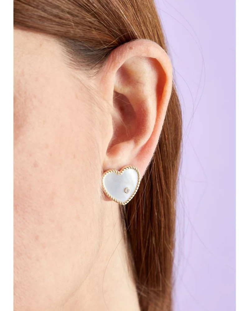 9K Yellow Gold Paire de Baby Puces Coeur Nacre Mother of Pearl & Diamond Heart Stud Earrings
