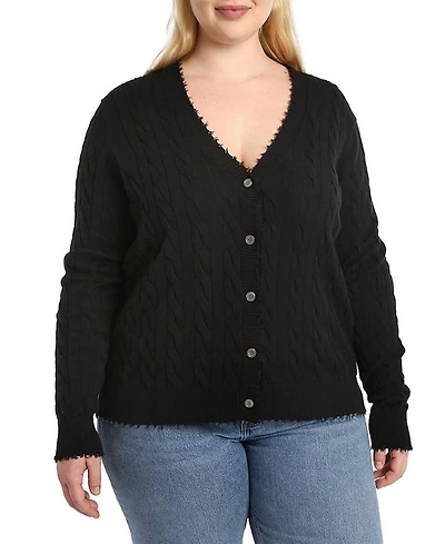 Plus Cotton Frayed Cable Long Sleeve V Neck Sweater Top