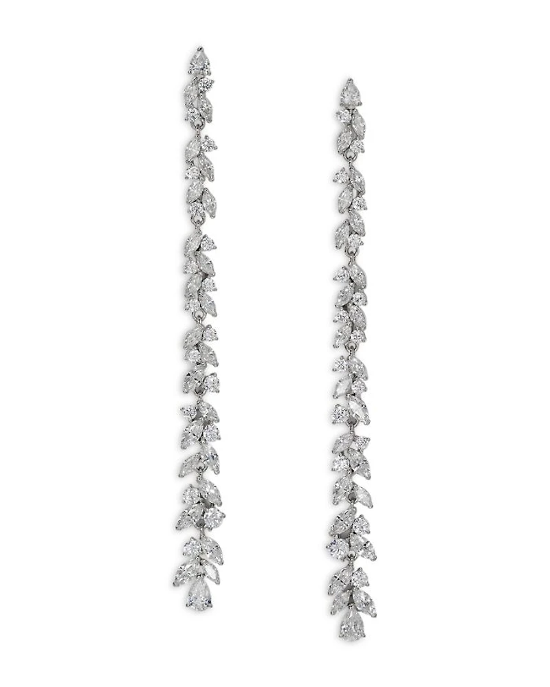 Sav Cubic Zirconia Cluster Linear Drop Earrings in Rhodium Plated