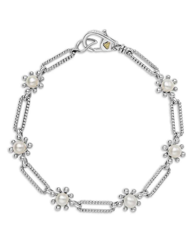Sterling Silver Luna Cultured Pearl Fleur Link Bracelet