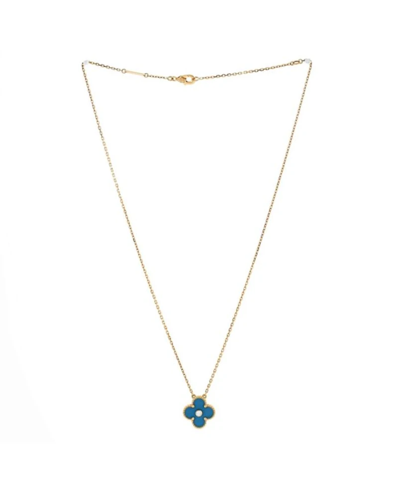 Vintage Alhambra Pendant Necklace 18K Gold and Blue Sevres Porcelain with Diamond