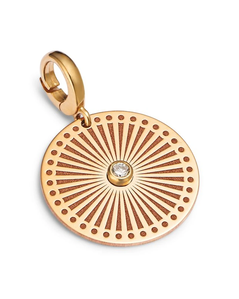 14K Yellow Gold White Diamond Engraved Sunbeam Medallion Disc Clip On Charm