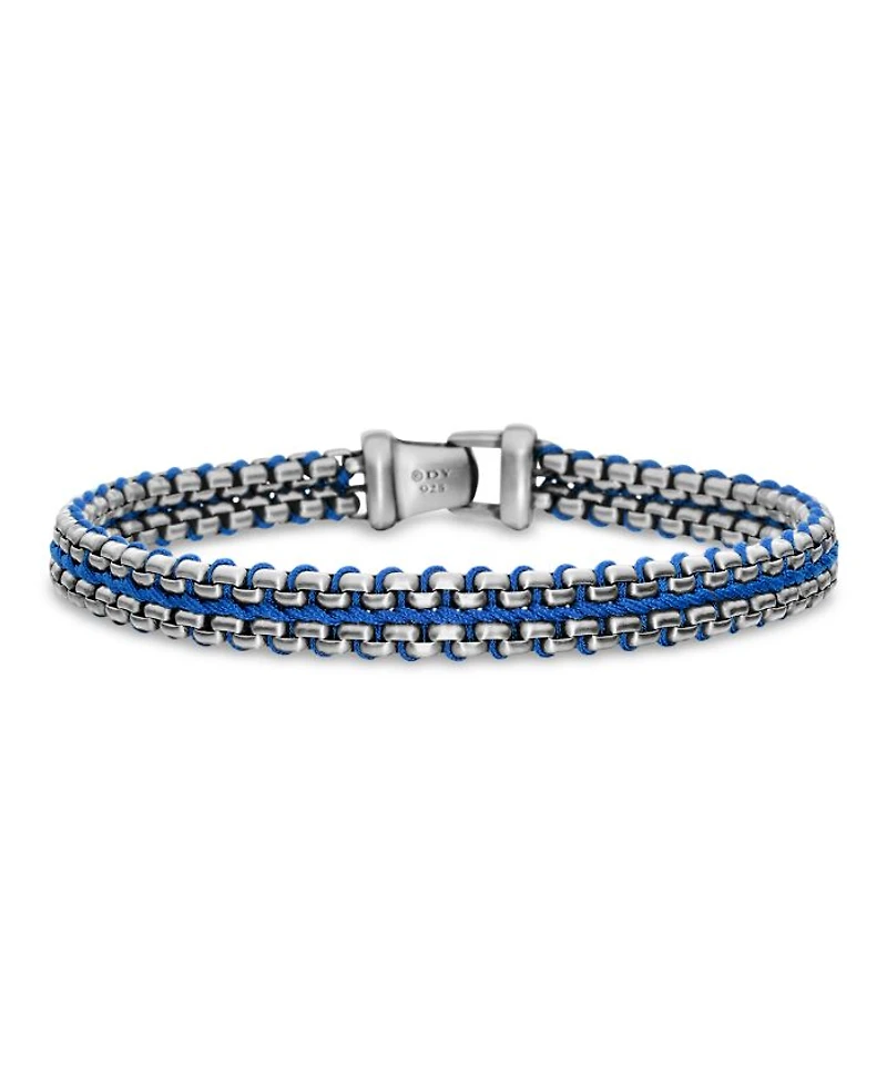 Woven Box Chain Bracelet Sterling Silver with Blue Nylon, 10mm