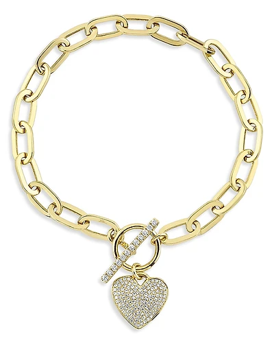 Shy Creation 14K Gold Colette Diamond Heart Charm Paperclip Link Bracelet
