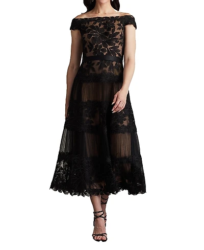 Tadashi Shoji Adriane Floral Embroidered Tea-Length Dress