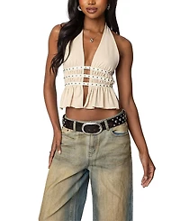 Edikted Studded Split Front Backless Halter Top