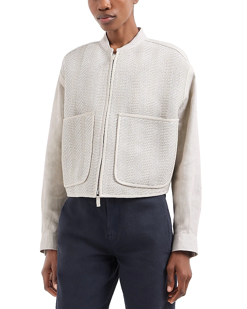Emporio Armani Woven Nappa Leather & Linen Bomber Jacket with Over