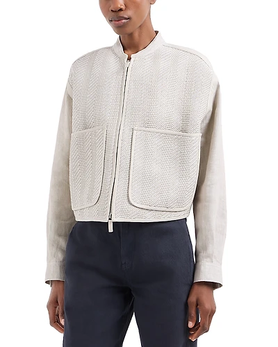 Emporio Armani Woven Nappa Leather & Linen Bomber Jacket with Over