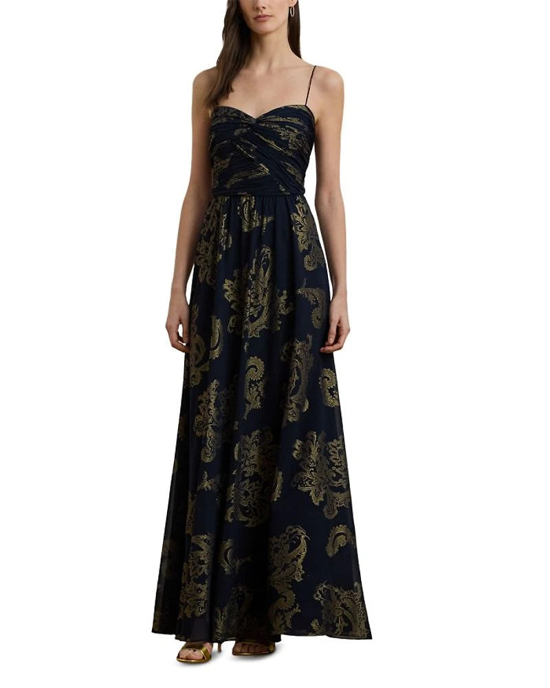 Paisley Foiled Chiffon Sleeveless Gown