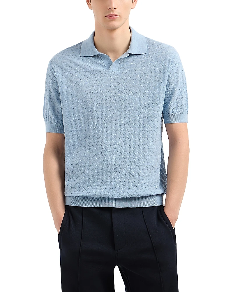 Emporio Armani Short Sleeved Knitted Wool Basketweave Pullover Polo Sweater