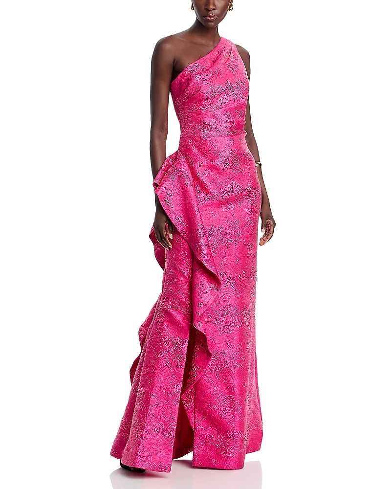 Teri Jon by Rickie Freeman Metallic Jacquard Side Ruffled Gown