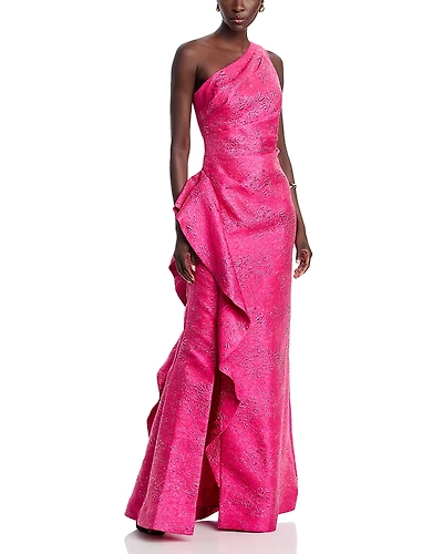 Teri Jon by Rickie Freeman Metallic Jacquard Side Ruffled Gown