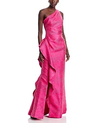 Teri Jon by Rickie Freeman Metallic Jacquard Side Ruffled Gown