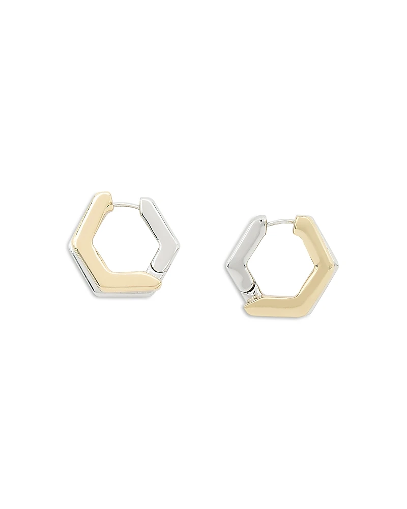 Allsaints Two Tone Hexagon Asymmetrical Double Huggie Hoop Earrings
