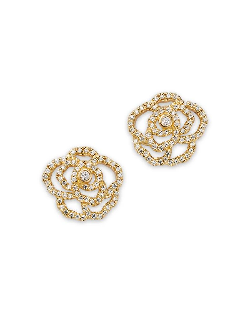 Diamond Flower Earrings in 14K Yellow Gold, 0.50 tcw