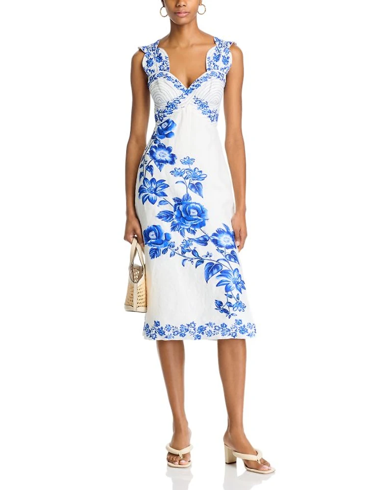 Blue Floral Cascade Wavy Sleeveless Dress