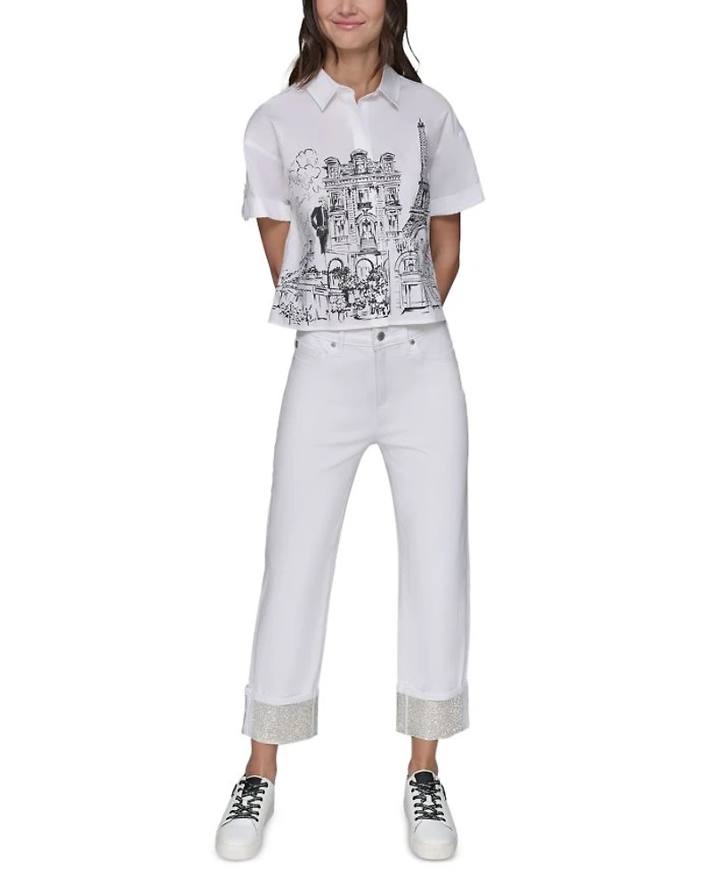 High Rise Crystal Cuff Jeans White