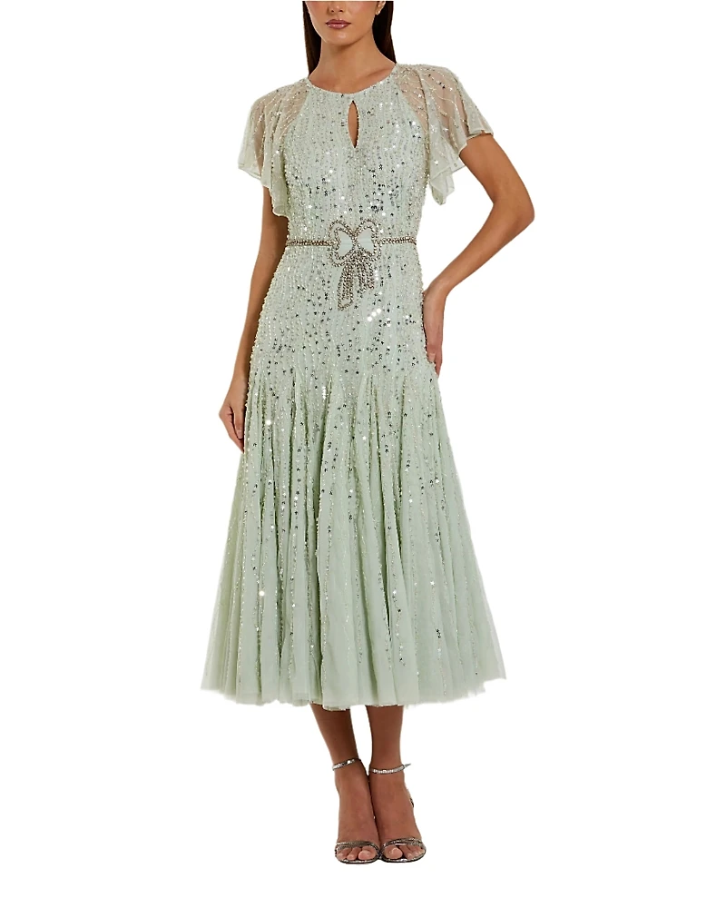 Mac Duggal Beaded Mesh Flutter Sleeve A Line Midi Dress