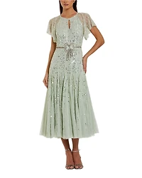 Mac Duggal Beaded Mesh Flutter Sleeve A Line Midi Dress