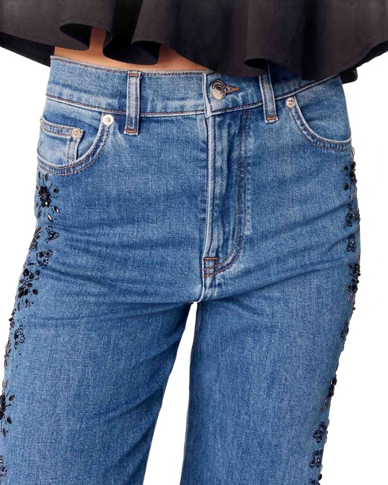 Embroidered Rhinestone High Rise Jeans Blue