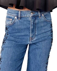 Embroidered Rhinestone High Rise Jeans Blue