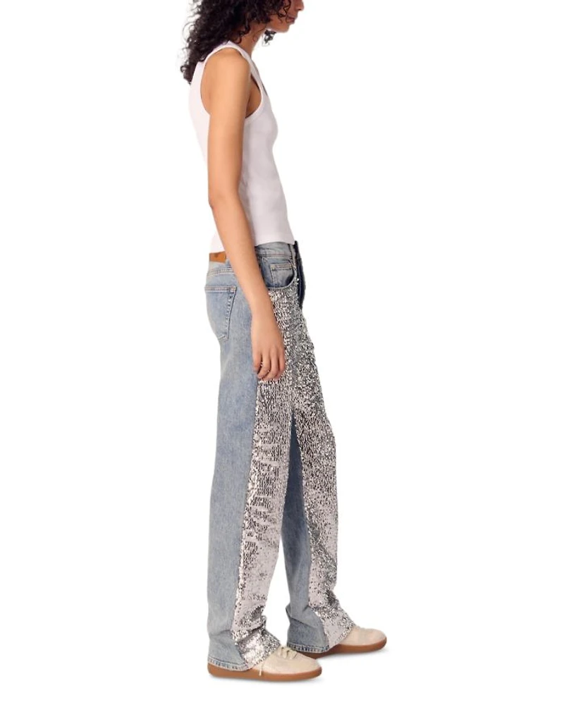 Sequined High Rise Straight Jeans Blue Sky