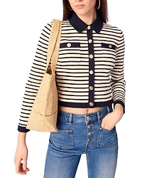 Cropped Rib Knit Shirt Collar Cardigan