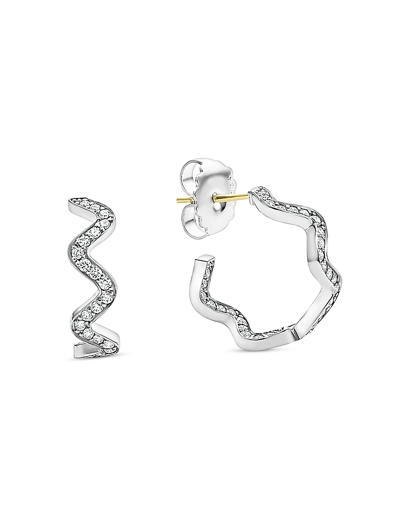 Lagos Sterling Silver Caviar Spark Diamond Wavy Huggie Hoop Earrings
