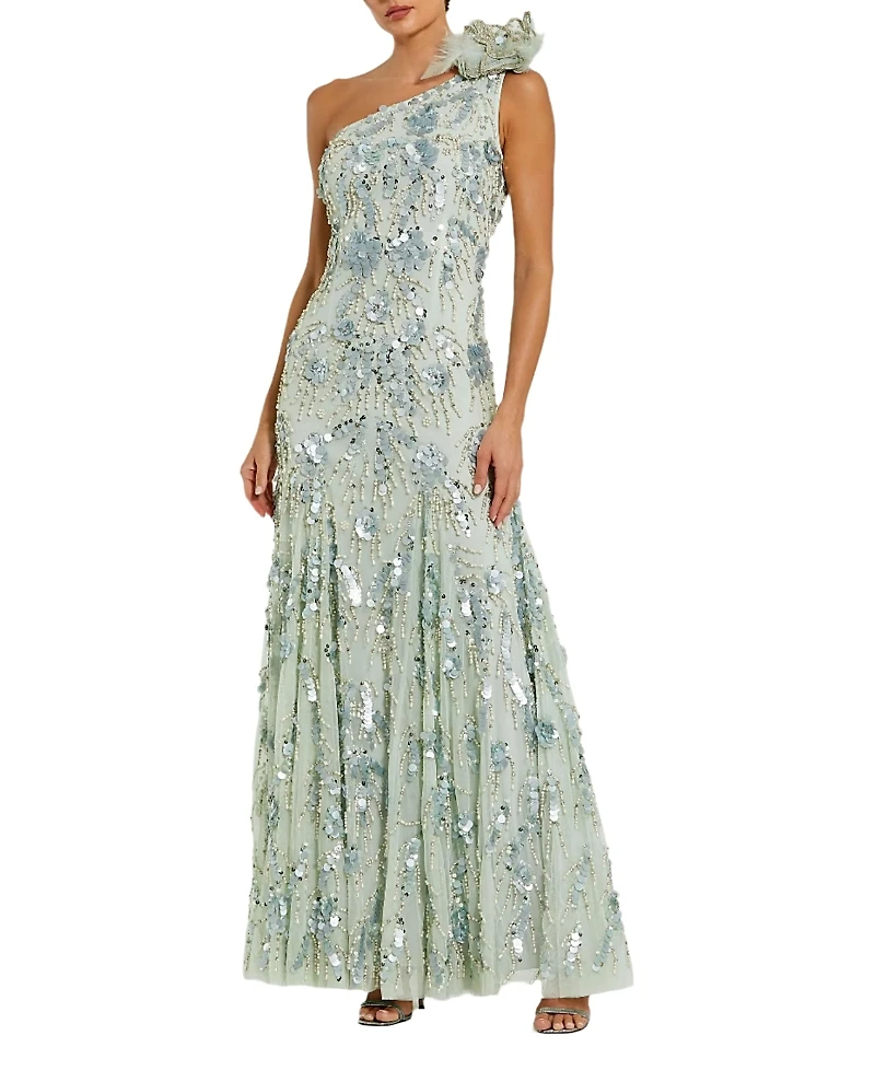 Mac Duggal Beaded Mesh One Shoulder Trumpet Gown With Flower