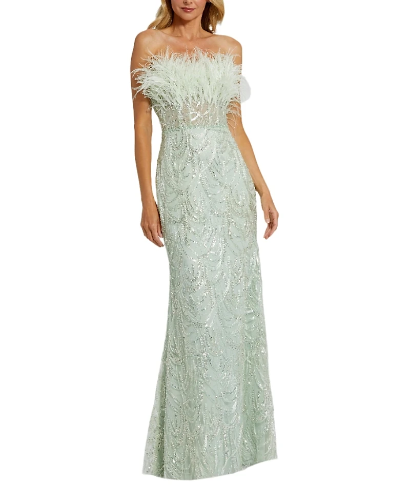 Mac Duggal Strapless Feather Bustier Gown with Embroidery