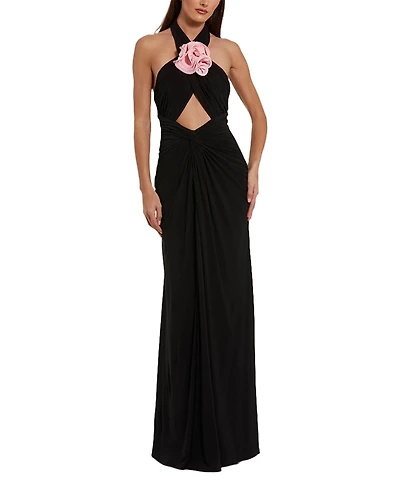 Mac Duggal Jersey Crossover Halter Neck Gown with 3D Flower