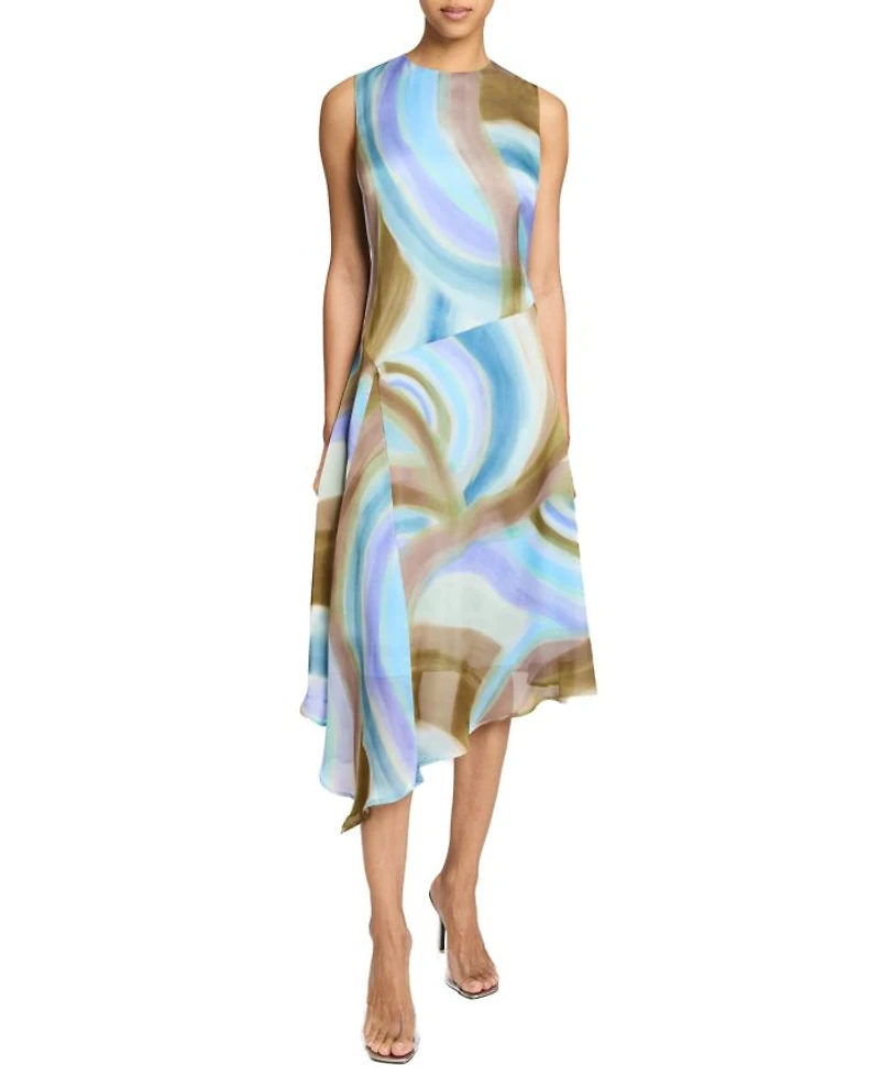 CECILIA Sleeveless Abstract Swirl Print Midi Dress with Asymmetrical Hemline