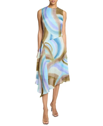 CECILIA Sleeveless Abstract Swirl Print Midi Dress with Asymmetrical Hemline