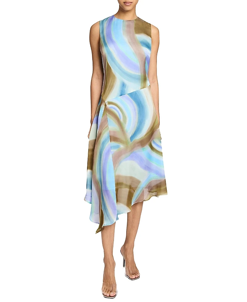 Santorelli Cecilia Sleeveless Abstract Swirl Print Midi Dress with Asymmetrical Hemline