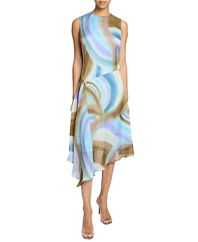 Santorelli Cecilia Sleeveless Abstract Swirl Print Midi Dress with Asymmetrical Hemline