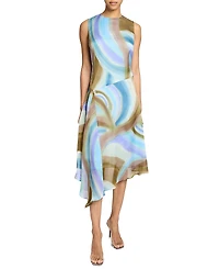 Santorelli Cecilia Sleeveless Abstract Swirl Print Midi Dress with Asymmetrical Hemline