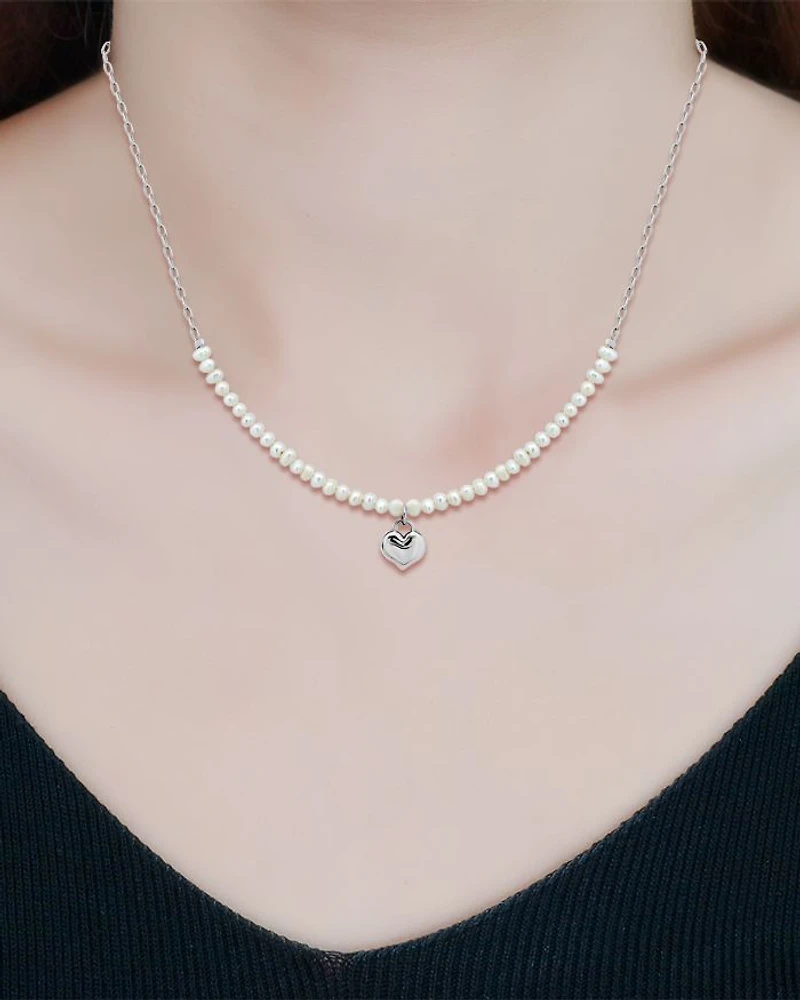 Heart & Cultured Freshwater Pearl Pendant Necklace in Sterling Silver, 16"-18"