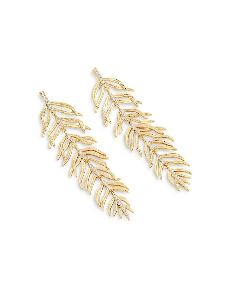 Pavé Palm Leaf Linear Drop Earrings in 18K Gold Plated