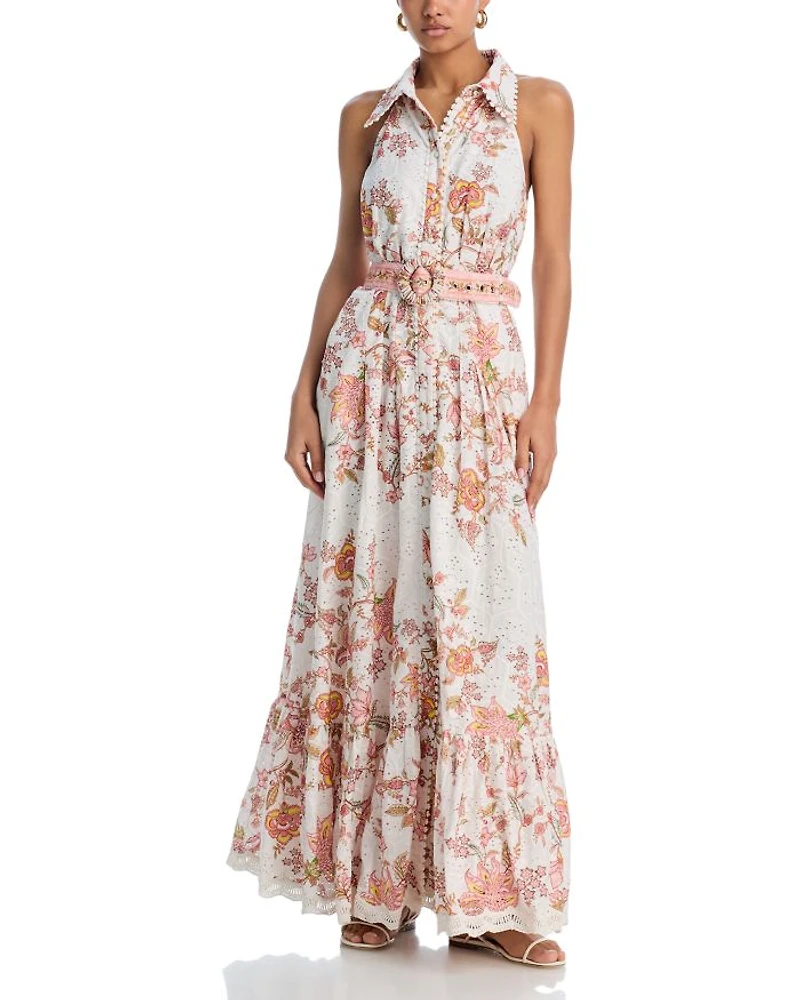 Floral Buckle Belt Button Front Maxi Dress