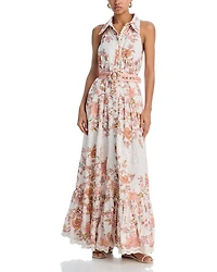 Floral Buckle Belt Button Front Maxi Dress
