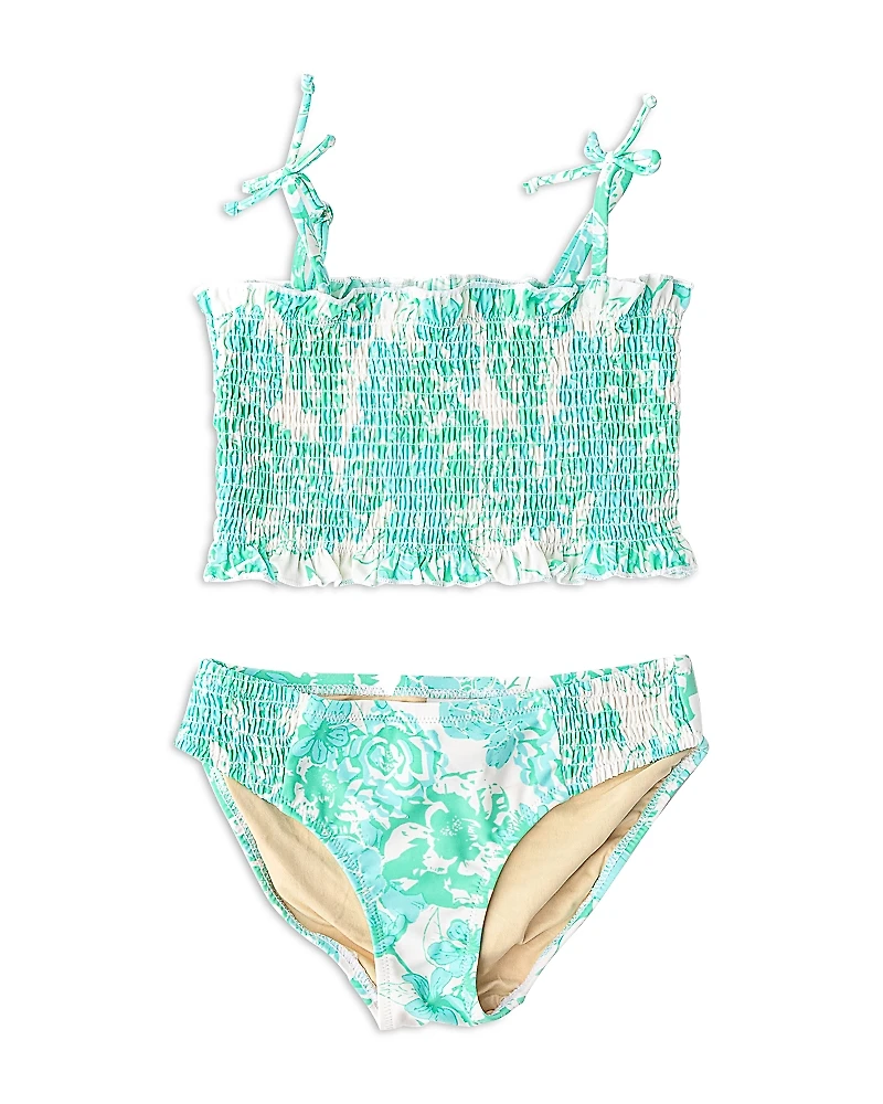 Shade Critters Girls' 2 Piece Charming Rose Floral Smocked Bikini - Little Kid, Big Kid