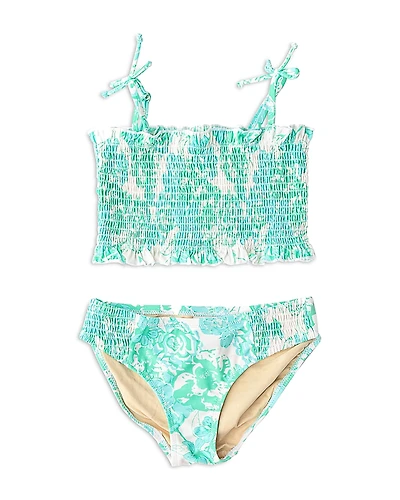 Shade Critters Girls' 2 Piece Charming Rose Floral Smocked Bikini - Little Kid, Big Kid