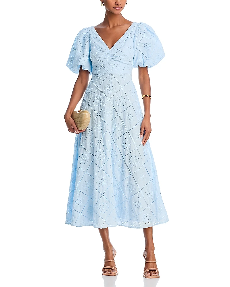Aqua Puff Sleeve Eyelet Dress - Exclusive