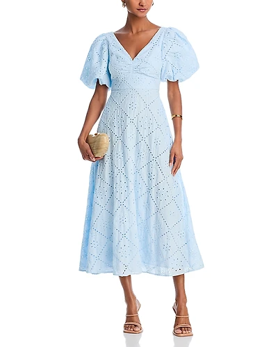 Aqua Puff Sleeve Eyelet Dress - Exclusive