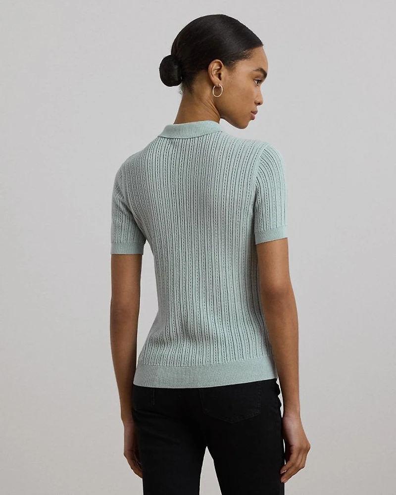 Pointelle Knit Cotton Blend Polo Sweater