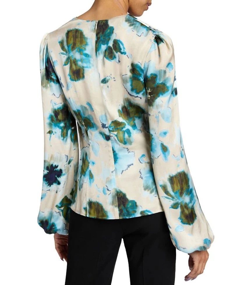 Long Sleeve Blouse with Cinched Waist Abstract Floral Print
