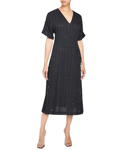 Serafina Short Sleeve Midi Shift Dress with Side Skirt Buttons Metallic Striped Linen
