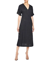 Serafina Short Sleeve Midi Shift Dress with Side Skirt Buttons Metallic Striped Linen