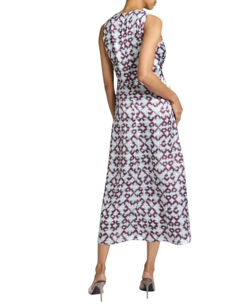 EDEN Sleeveless Fit and Flare Midi Dress with Center Ruching Graphic Printed Charmeuse